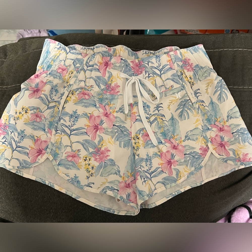 LoveShackFancy White Floral High Waist Shorts with Pink & Blue Flowers